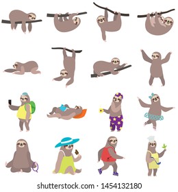 Sloth icons set. Flat set of sloth vector icons for web design