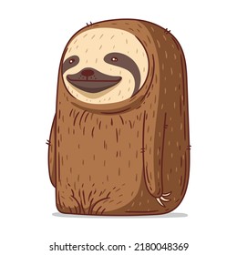 A Sloth, Isolated Vector Illustration. Folivora. Cute Cartoon Picture Of A Smiling Sloth. An Animal Sticker. Simple Drawing For Kids Of A Positive Sloth On White Background. A Calm Lazy Animal