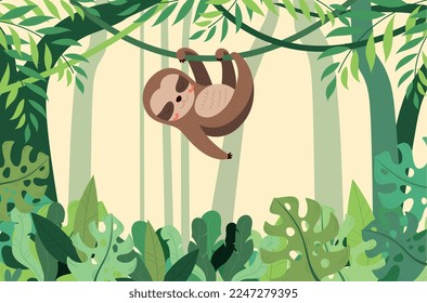 Sloth in jungle. Animal hangs on branch, tropic and exotic. Poster or banner for website. Flora and fauna, wild life and mammal. African savannah and exotic. Cartoon flat vector illustration