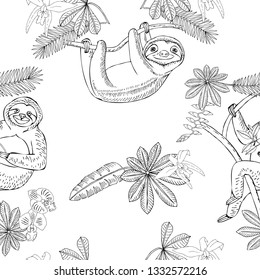 Sloth in Jungle. Animal and Plants sketches. Hand Drawn Background. Vector Illustration