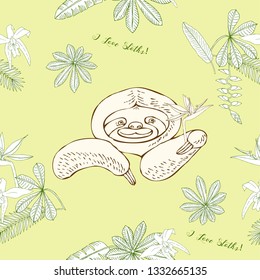 Sloth in Jungle. Animal and Plants sketches. Hand Drawn Background. Vector Illustration