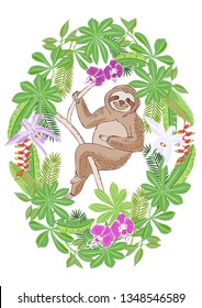Sloth in Jungle. Animal and Plants sketches. Hand Drawn Background. Vector Illustration