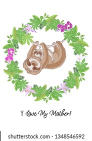 Sloth in Jungle. Animal and Plants sketches. Hand Drawn Background. Vector Illustration
