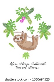Sloth in Jungle. Animal and Plants sketches. Hand Drawn Background. Vector Illustration