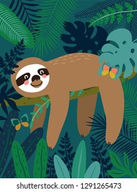 Sloth in jungle pattern. Vector illustration