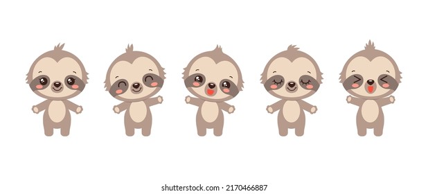 Sloth kawaii cartoon character. Cute sloth tropical animal chibi style drawing. Various face expressions of a cloth. Fun vector illustration flat icons.