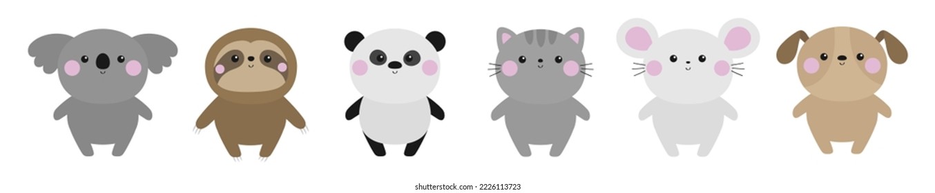 Sloth koala panda bear cat dog mouse set icon. Cute kawaii cartoon baby character. Pink cheek. Happy Valentines Day. Notebook cover, tshirt print. White background. Flat design. Vector illustration