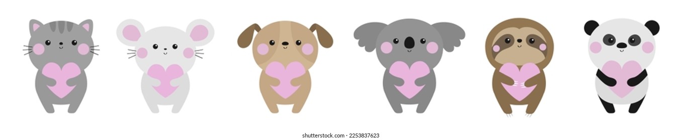 Sloth koala panda bear cat dog mouse set icon holding heart. Happy Valentines Day. Cute kawaii cartoon baby character. Pink cheek. Notebook cover, tshirt print. White background. Flat design. 