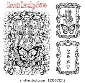 Sloth. Latin word Acedia means Despair or Apathy. Seven deadly sins concept, black and white vector set with frame. Hand drawn engraved illustration, tattoo and t-shirt design, religious symbol