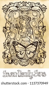 Sloth. Latin word Acedia means Despair or Apathy. Seven deadly sins concept on texture vector background. Vector collection with frame. Hand drawn engraved illustration, tattoo and t-shirt design