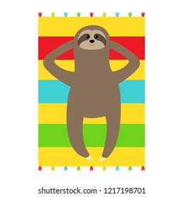 Sloth laying on beach towel. Slow down. Cute cartoon funny kawaii lazy character. Wild jungle animal collection. Baby education. Isolated. White background. Flat design. Vector illustration