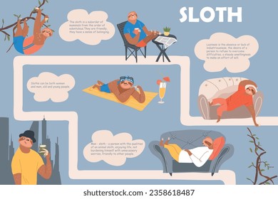 Sloth laziness concept flat infographic composition with editable text in clouds and human like sloths characters vector illustration