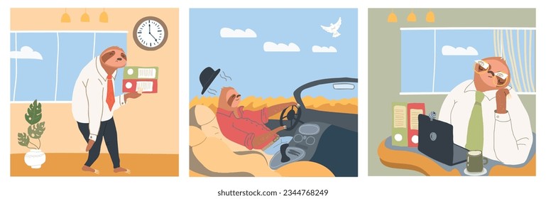 Sloth laziness concept set of three square compositions with indoor and outdoor sceneries and flat characters vector illustration