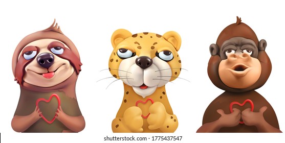 Sloth, leopard, monkey cartoon characters. Cute animals 3d vector art illustration
