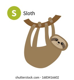 Sloth. Letter S. Zoo animal alphabet. English abc with cute cartoon kawaii funny baby animals. Education cards for kids. Isolated. White background. Flat design. Vector illustration
