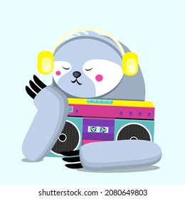 Сute sloth listening to music on headphones with tape recorder. vector illustration.