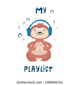 sloth listens to music vector illustration