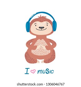sloth listens to music vector illustration