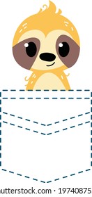 The sloth looks out of his pocket. Pocket with contour. Vector illustration in cartoon children s style. Isolated funny clipart character on white background. Cute print