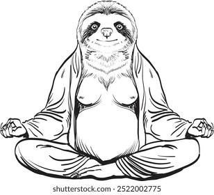 Sloth in lotus position doing yoga illustration yoga exercises meditation health vector illustration engraving style