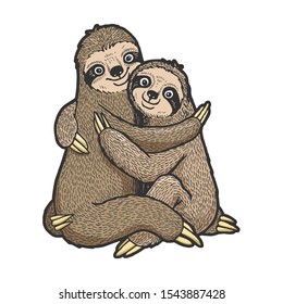 Sloth love couple hug sketch engraving vector illustration. T-shirt apparel print design. Scratch board style imitation. Black and white hand drawn image.