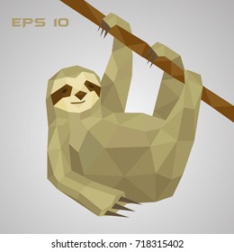 Sloth low poly. A lazy animal hangs on a branch and holds a paw. Low polygonal. Vector illustration. EPS 10.