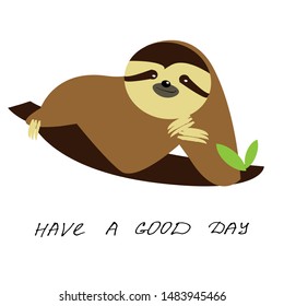 Sloth lying on a branch on a white background. Ready illustration for greeting cards, posters, stickers, Souvenirs, notebooks, calendars and design.Hand-drawn. In a cartoon style. Vector
 
