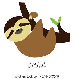 Sloth lying on a branch on a white background. Ready illustration for greeting cards, posters, stickers, Souvenirs, notebooks, calendars and design.Hand-drawn. In a cartoon style. Vector
 
