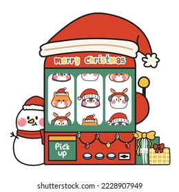 Sloth machine with animal face icon and snowman in christmas concept.Casino.Play time.Fun.Animal character cartoon design.New year festival.Red panda,penguin,deer.Kawaii.Vector.Illustration.