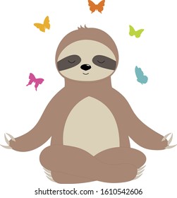 sloth meditates butterfly vector illustration