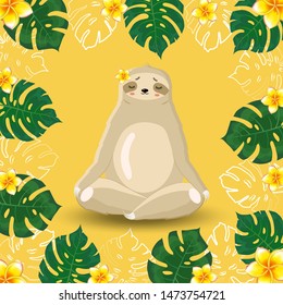 Sloth meditates surrounded by tropical leaves of monstera and flowers on a yellow background