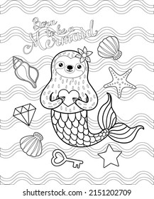 Sloth mermaid with key, diamond, seashells and starfish. Vector outline for coloring book