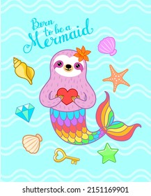 Sloth mermaid with seashells, diamond, key and starfish. Vector illustration