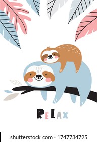 Sloth mom and little baby Sloth. Mother's Day vector print