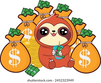 sloth with money, cute illustration