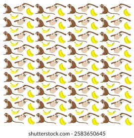 sloth, monkey with banana as a pattern background