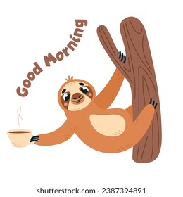 Sloth and morning coffee. Funny sloth-bear hanging on tree branch and hold cup. Lazy asleep animal, problems waking up metaphor, classy vector character