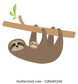 Sloth mother with baby. Fluffy fur. Cute cartoon character. Tree branch Wild joungle animal collection. Isolated. White background. Flat design Vector illustration