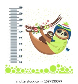 sloth mother with baby. Meter wall or height meter from 50 to 140 centimeter