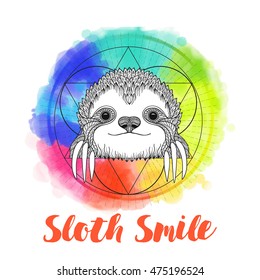 Sloth on background with sacred geometry symbol and rainbow watercolor background. Vector illustration. Sketch for tattoo, poster, print or t-shirt.