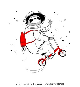 Sloth on a bike in space. Drawing vector space illustration.