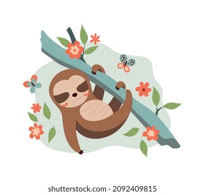 Sloth on branch. Characters in their natural habitat. Pictures for printing on childrens clothes. Nature and forest. Fauna and wild life. Zoo, tropical, exotic. Cartoon flat vector illustration