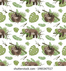 Sloth on a branch. Cheerful vector illustration. Tropical leaves. Sleeping sloth. Seamless pattern.