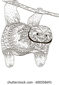 Sloth on a branch coloring book for adults vector illustration. Anti-stress coloring for adult. Zentangle style. Black and white lines. Lace pattern