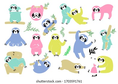 Sloth on branch. Cute little kid sleepy animal on branch in zoo playing with baby hanging vector characters cartoon. Hand drawn collection of funny sloth, flowers, branch.