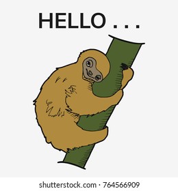 Sloth on a branch. Freehand sketch drawing vector illustration