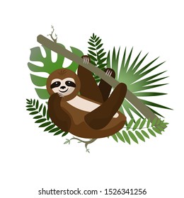 sloth on a branch. Merry vector illustration. Tropical leaves