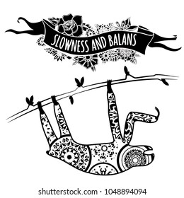 Sloth on a branch with ornaments. Patterns. Tattoo sketches