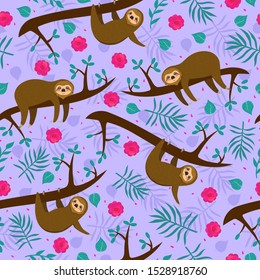 Sloth On A Branch Seamless Pattern