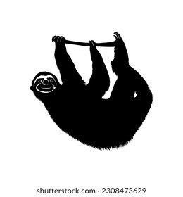 Sloth on the branch silhouette isolated on white background. Vector illustration